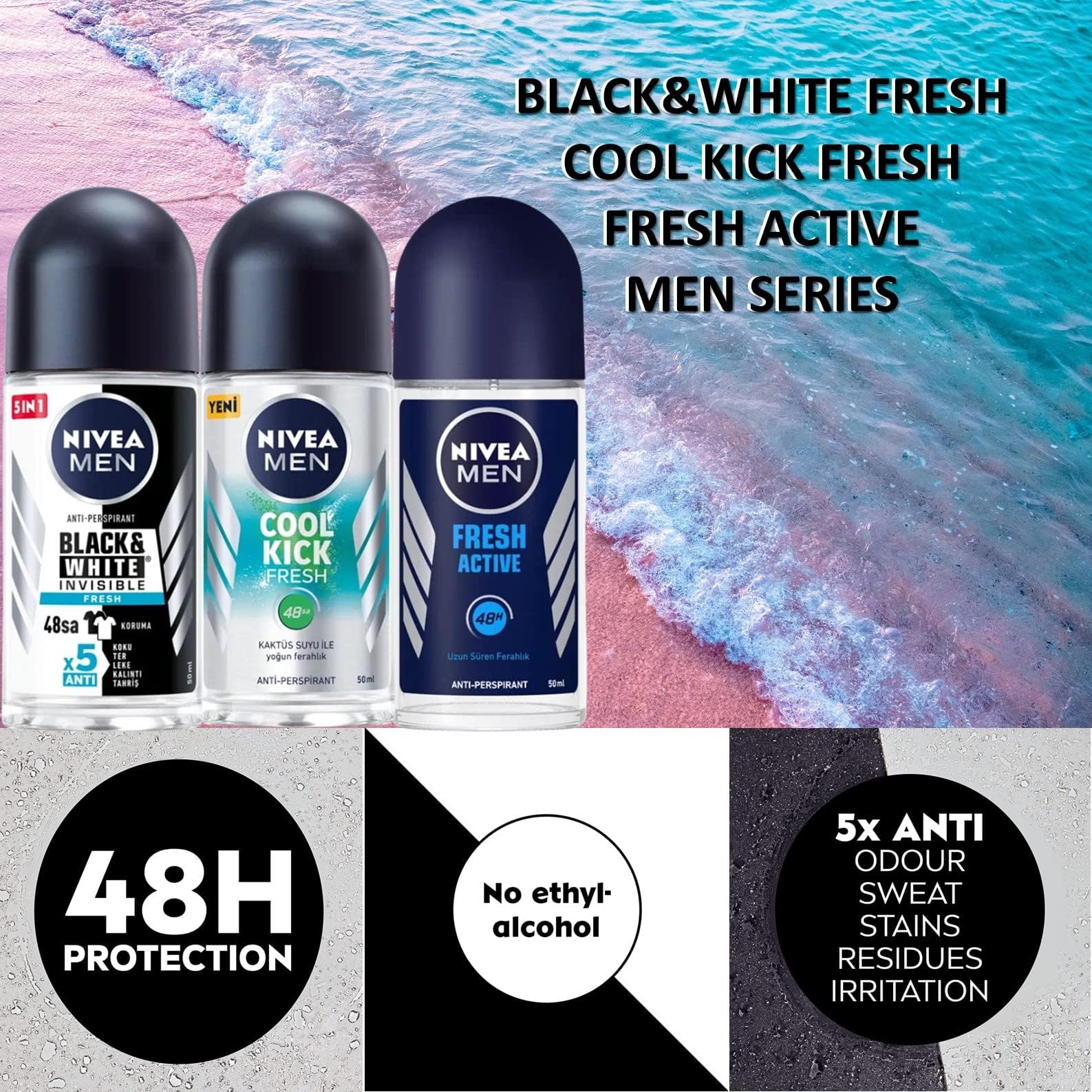 Foto 3 pulgar | Desodorante Nivea Cool Kick Fresh En Blanco Y Negro Fresh Men 50 Ml X3 - Venta Internacional.