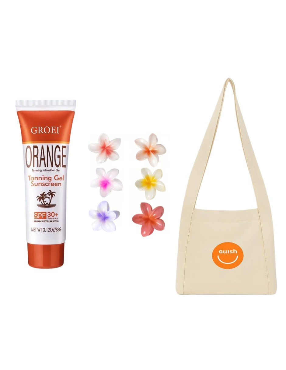 Kit Verano Protector Solar En Gel Bronceador + Pinzas Para Cabello Flor + Tote Güish