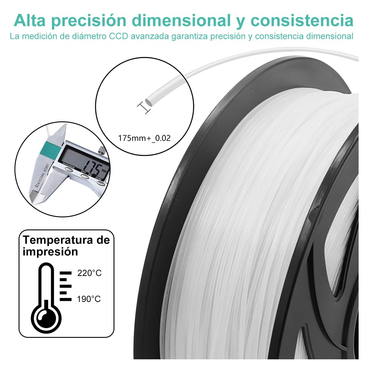 Foto 2 | Filamento Pla De 1,75 Mm, Precisión Dimensional De +/- 0,02, Color Blanco