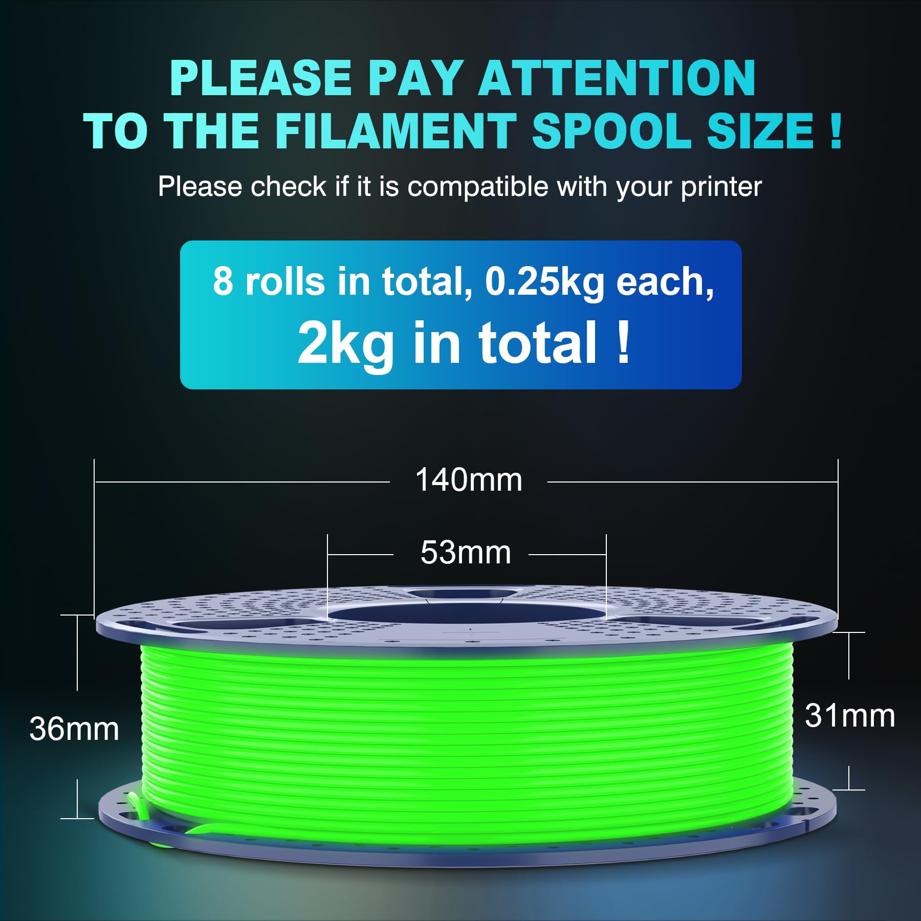 Foto 7 | Filamento Para Impresora 3d Sunlu Que Brilla En La Oscuridad, Pla, 1,75 Mm, 250 G, 8 Unidades - Venta Internacional.