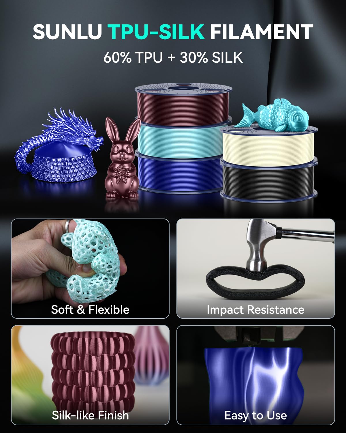 Foto 5 pulgar | Filamento De Impresora 3d Sunlu Tpu-silk, Filamento De Tpu De 98 A, 1,75 Mm, Filamento De Tpu Con Su - Venta Internac