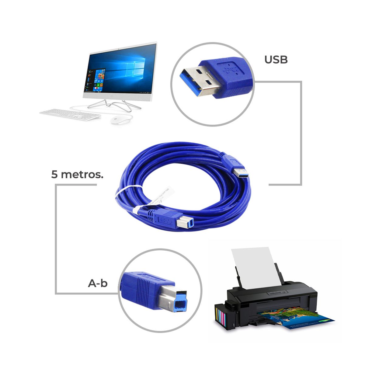 Foto 5 pulgar | Cable Usb 3.0 Ab De Alta Velocidad 5 Mt Para Impresora O Hdd Elegate Azul