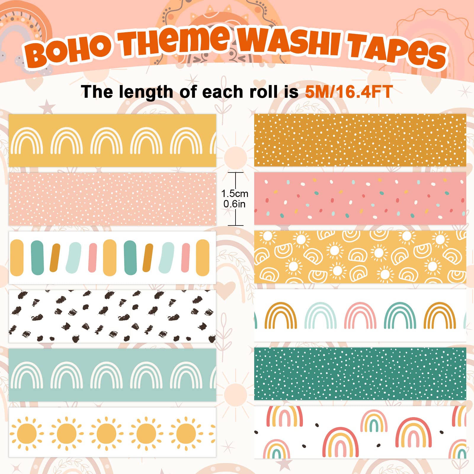 Foto 3 pulgar | Washi Tapes Whaline Boho Rainbow Sun De 1,5 Cm X 5 M, 12 Rollos - Venta Internacional.