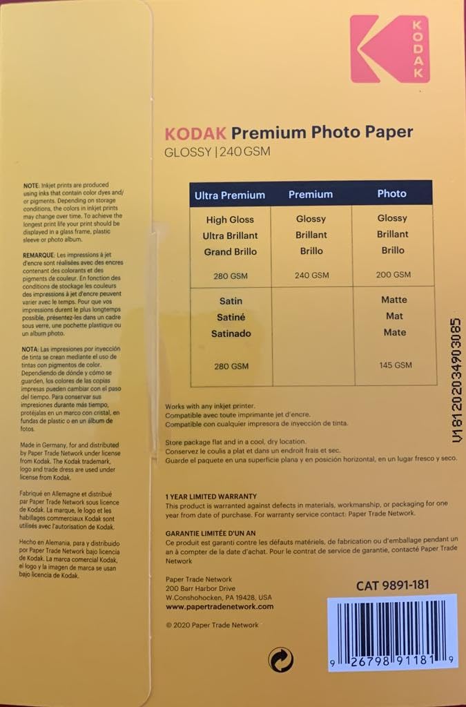 Foto 3 | Papel Fotográfico Kodak De 4 X 6 Pulgadas Brillante, 240 G/m², 100 Hojas (41175-9891181) - Venta Internacional.