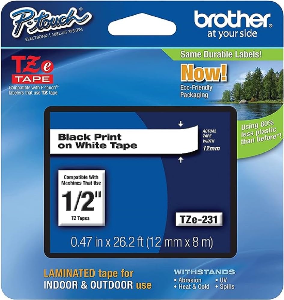 Tape Brother P-touch Tze-231 Original De 12 Mm X 8 M, Negro Sobre Blanco - Venta Internacional.