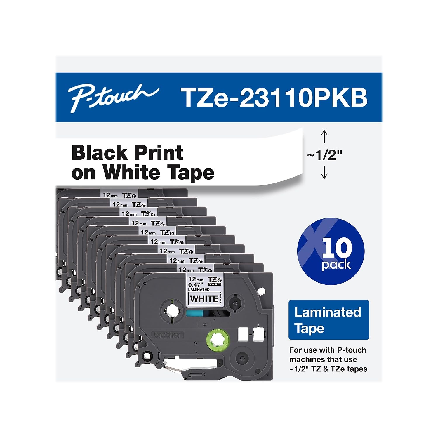 Cinta Adhesiva Brother Tze23110pkb Negro Sobre Blanco 12 Mm Paquete de 10 - Venta Internacional