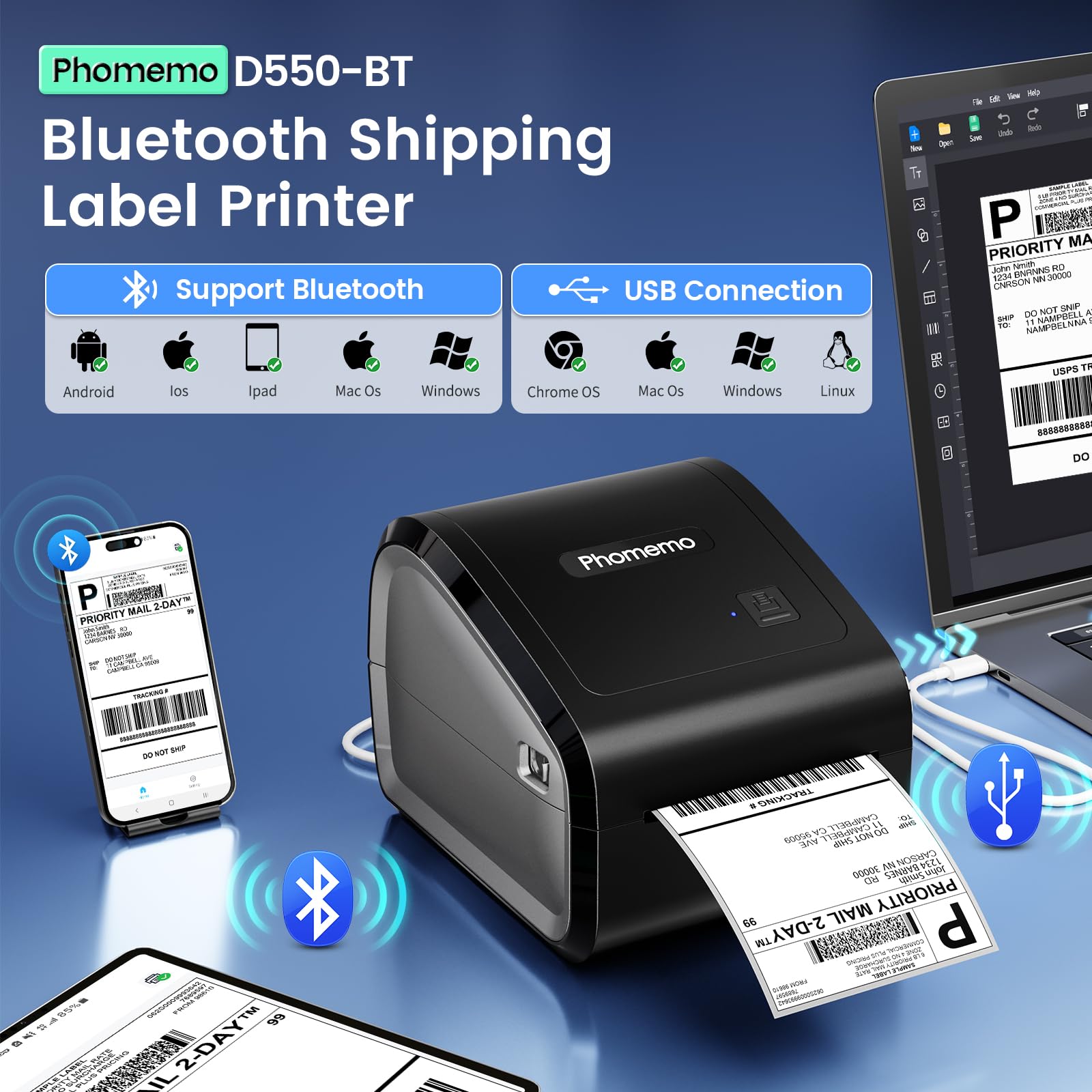 Foto 3 pulgar | Impresora Térmica De Etiquetas De Envío Phomemo D550bt Bluetooth - Venta Internacional.