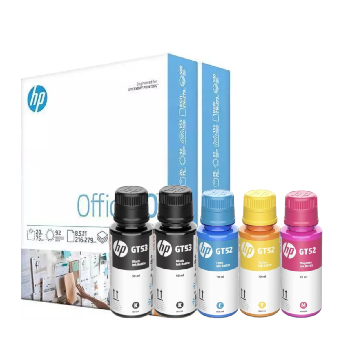 5 Tintas Hp 3xgt52 / 2xgt53  Y 1000 Hojas Papel Bond Carta