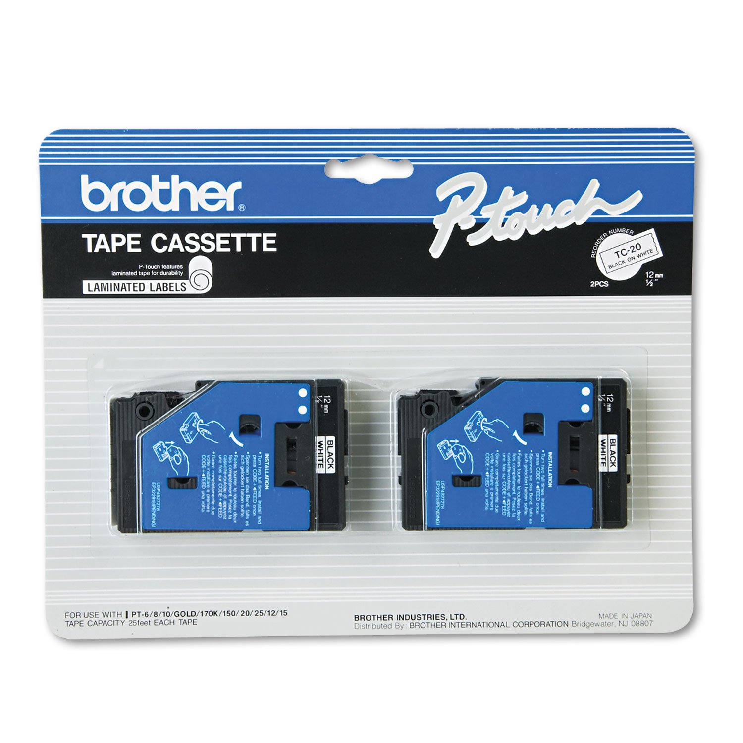 Foto 2 pulgar | Tape Brother Tc-20 De 12 Mm X 7,7 M, Negro Sobre Blanco Para Pt-6 8 10 12 15 20 150 170, Paquete De 2 - Venta Intern