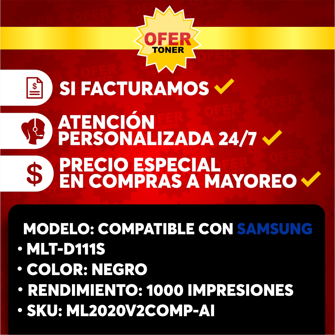 Foto 6 | Tóner MLT-D111s 111S Compatible con Samsung Xpress M2020 M2022 M2070 M2071 Negro