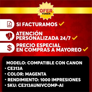 Foto 8 | Tóner Magenta CE313A-M/CF353A-M con Chip Compatible con HP CP1025/ CP1025NW/ MFP M176N/ M177FW 2 Piezas