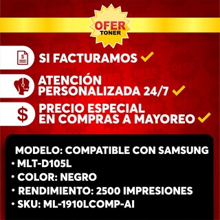 Foto 8 | Tóner Mlt-d105l Compatible con Samsung Ml-1910 1910k 1915 1915k Negro