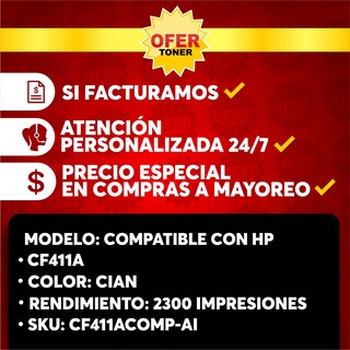 Foto 8 | Pack de 2 Tóners CF411A-C/410A-C compatibles con HP M452 M477 M377 M452dn y M452dw color cian