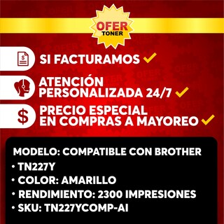 Foto 7 | Tóner Amarillo TN227Y Compatible con Brother HL-L3210CW/ HL-L3750CDW/ HL-L3770CDW/ HL-3210CW