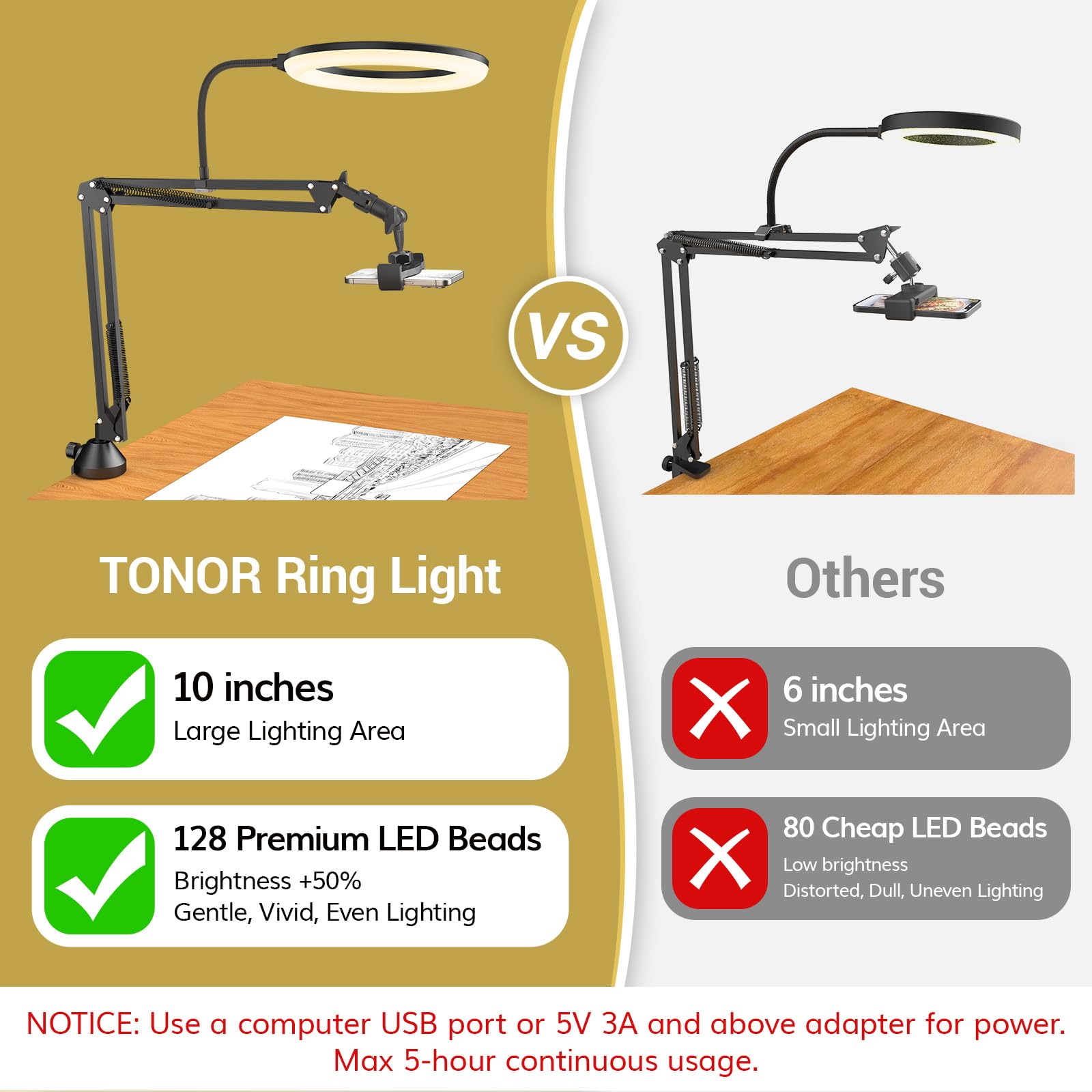 Foto 2 | Lámpara Tipo Anillo Tonor Trl-20 Pro De 10 Pulgadas Con Brazo Y Soporte Para Teléfono - Venta Internacional.