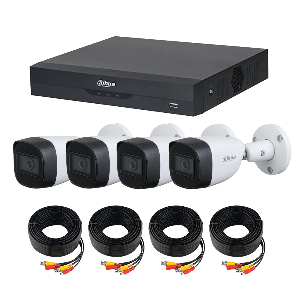 Kit de 4 Cámaras de Seguridad DAHUA 5 Megapíxeles Micrófono Integrado Bala Metálicas color Blanco