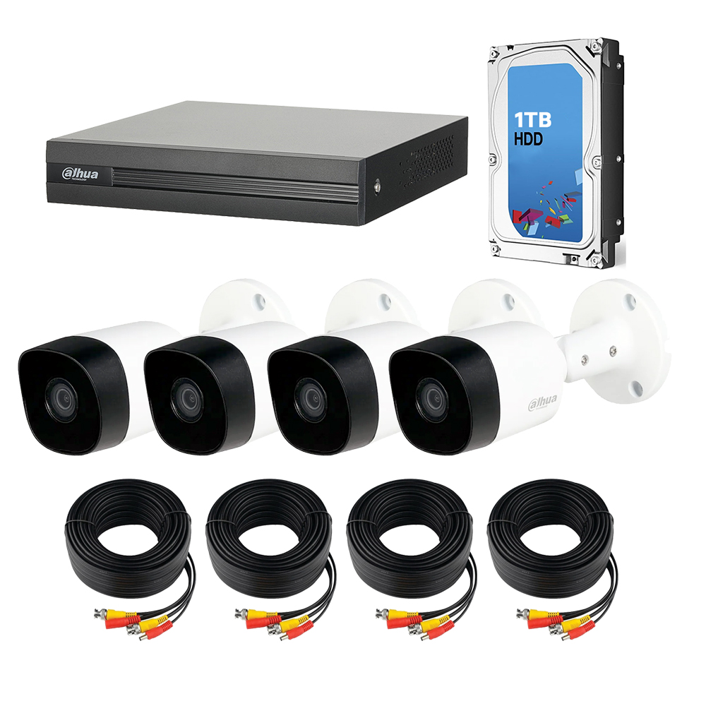 Kit de 4 Cámaras de seguridad DAHUA 1080p HD Bala color Blanco + Disco Duro 1TB