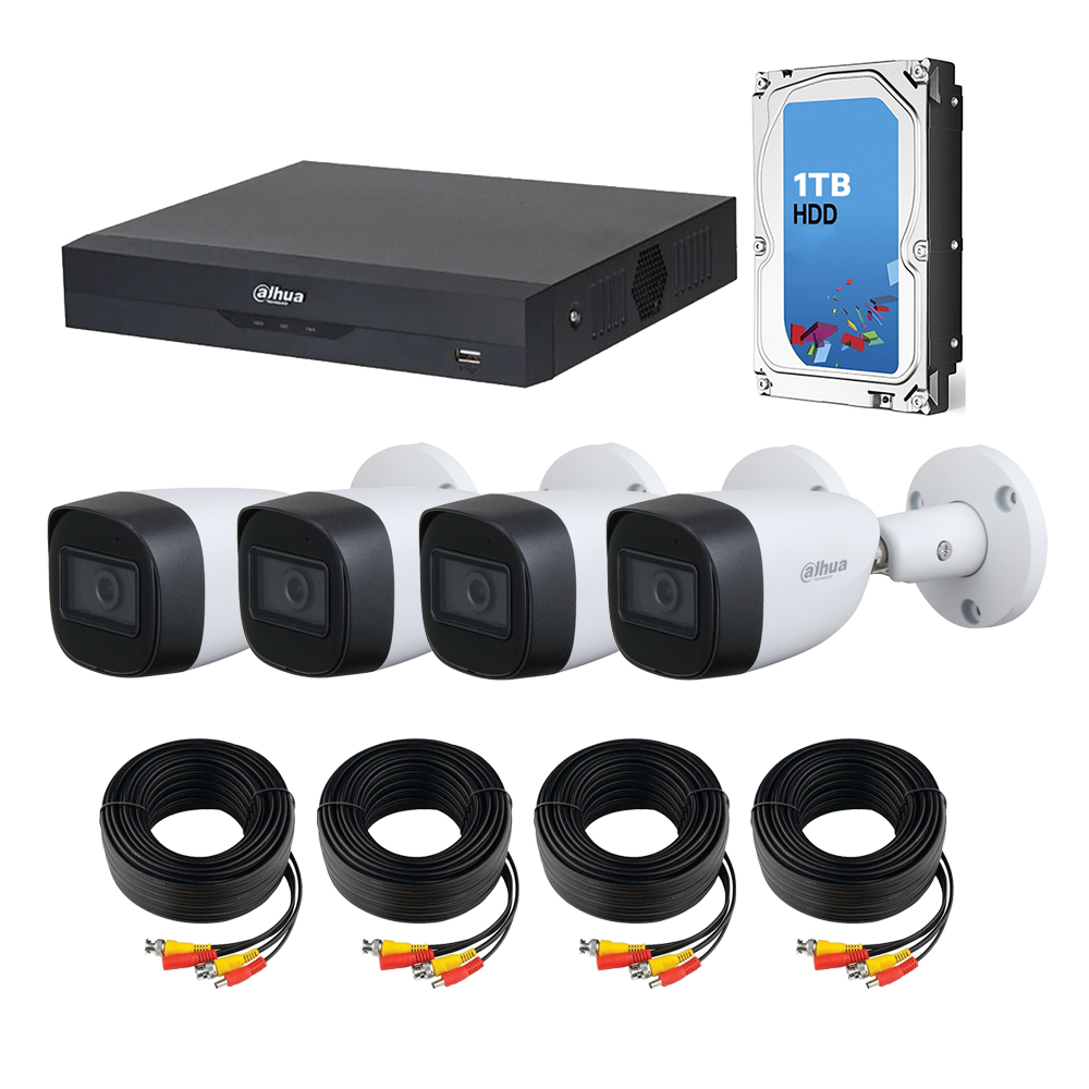 Kit de 4 Cámaras de Seguridad DAHUA 5 Megapíxeles Micrófono Integrado Bala Metálicas color Blanco + Disco Duro 1TB