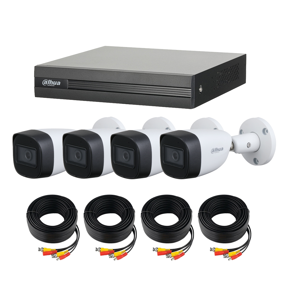 Kit de 4 Cámaras de Seguridad DAHUA 1080p HD Con Micrófono integrado Bala color Blanco