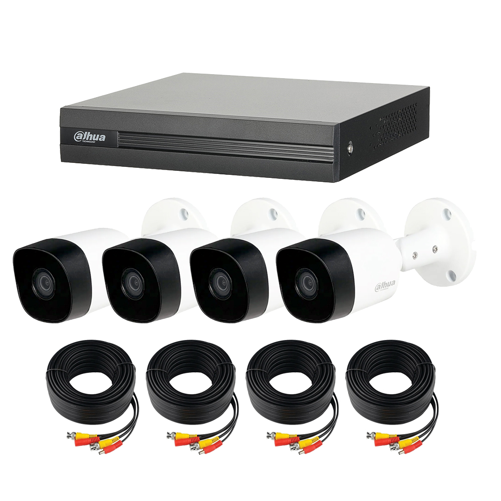 Kit de 4 Cámaras de Seguridad DAHUA 5 Megapíxeles Bala Metálicas color Blanco