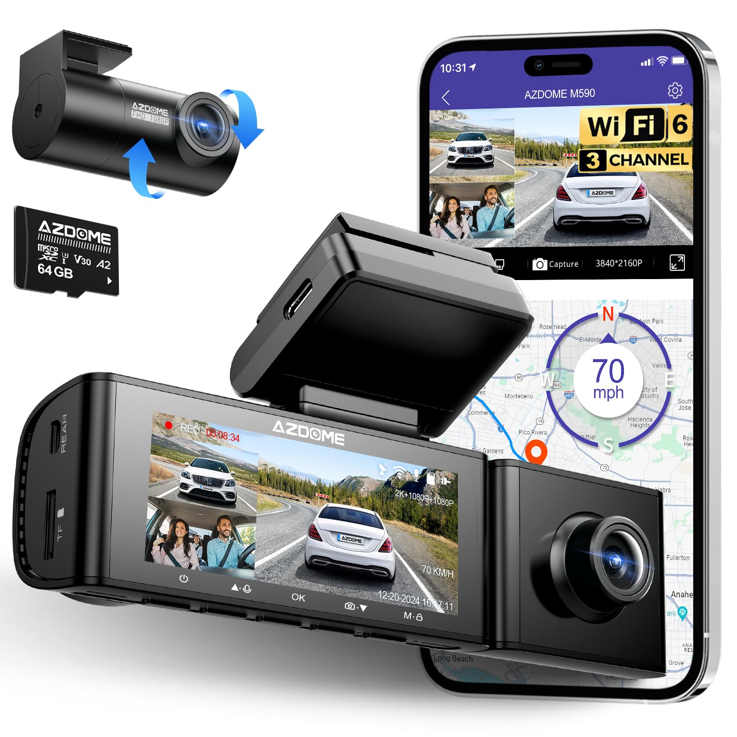 Cámara De Salpicadero Azdome M590 De 3 Canales Wifi 6 2.5k+1080p+1080p - Venta Internacional. $3,287