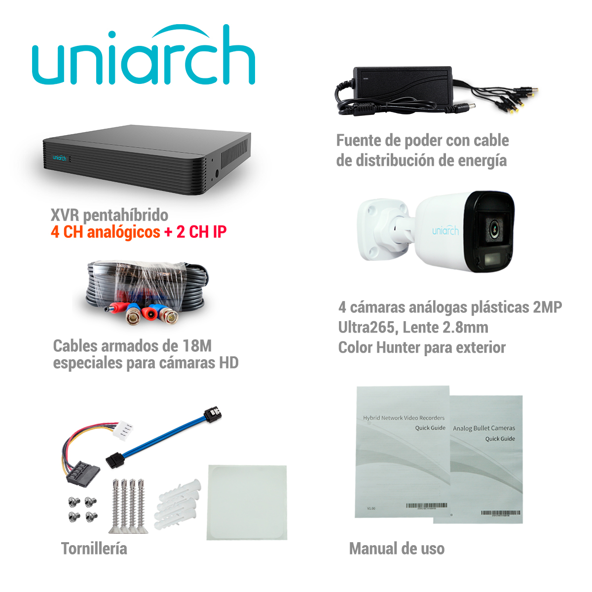 Foto 4 | Kit Vigilancia Uniarch 4 Camaras Bala Color De Noche Grabador Dvr 4 Canales Hd