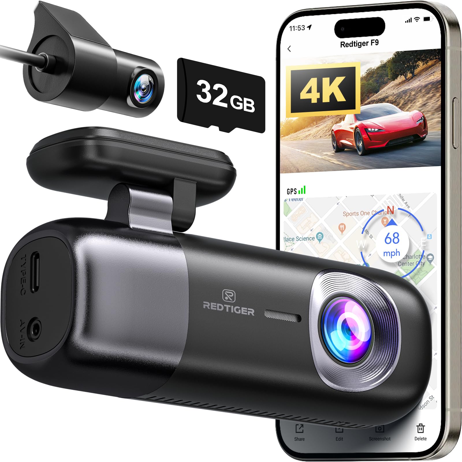 Cámara De Salpicadero Redtiger F9 4k, Frontal Y Trasera 1080p, Wifi, Gps, 256 Gb - Venta Internacional.
