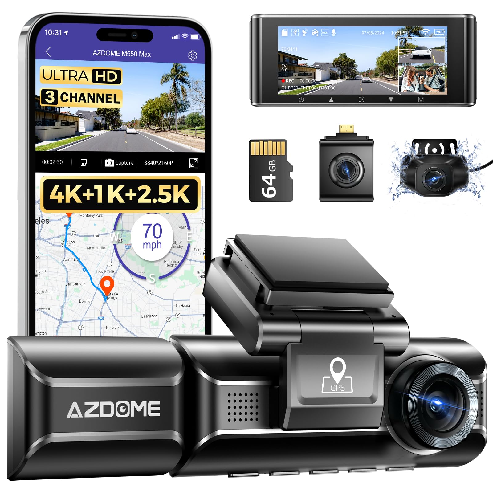 Dash Cam Azdome M550 Max 4k+1080p+2.5k De 3 Canales Con Gps De 64 Gb - Venta Internacional.