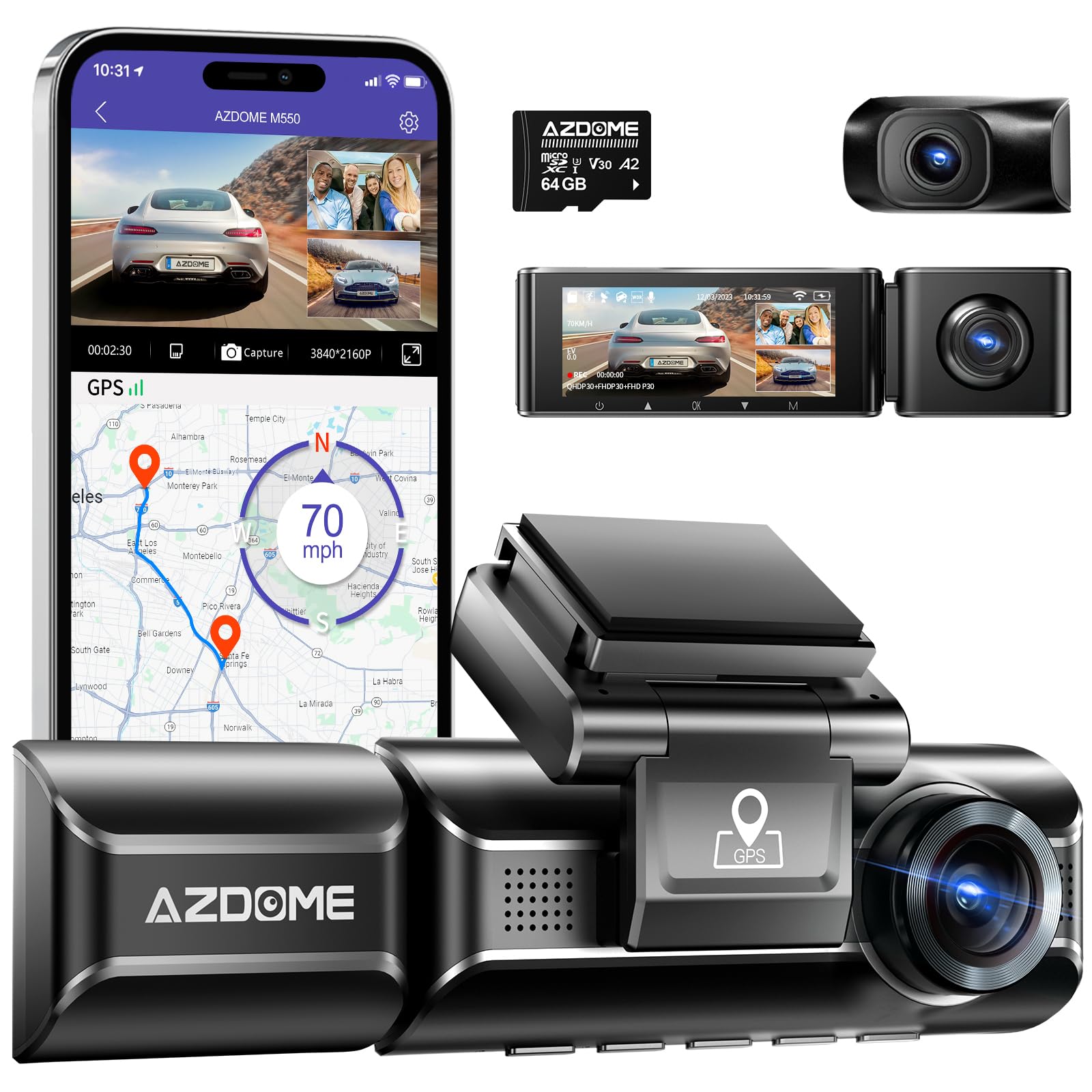 Tarjeta Dash Cam Azdome M550 De 3 Canales 4k+2.5k Wifi Gps De 64 Gb - Venta Internacional.