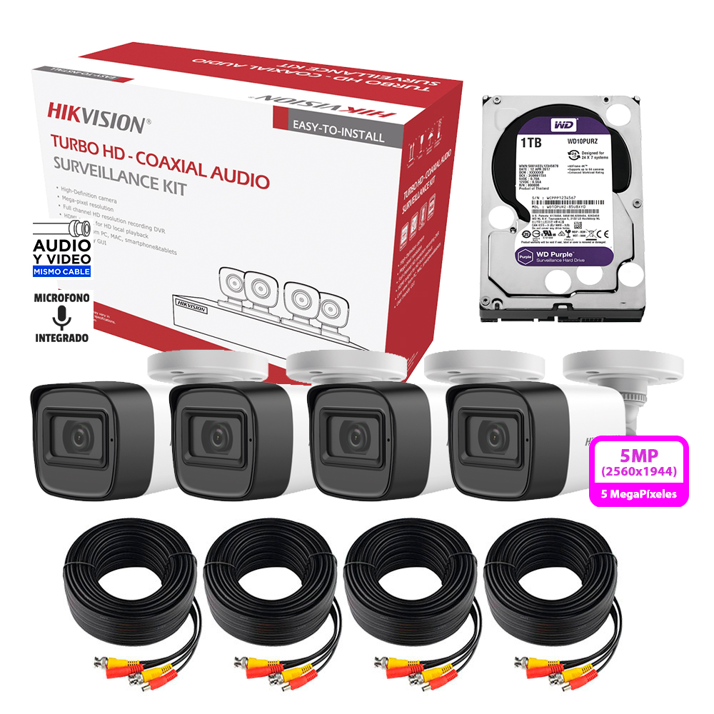 Foto 3 pulgar | Hikvision Kit Turbohd 5 Megapixel 4 Cã¡maras Micrã³fono Hdd 1tb Hik5mpslq-kit-1tb