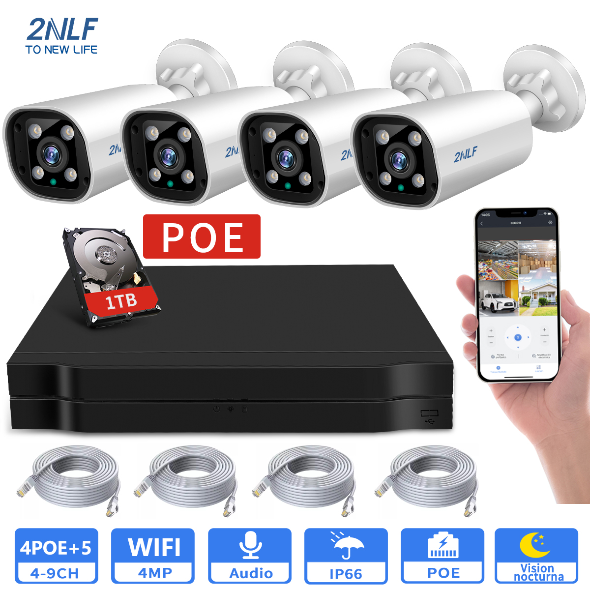 2nlf  Poe 4mp Kit De Camaras Circuito Cerrado Real 2.5k 1tb