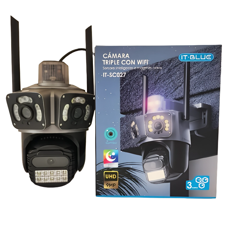 Cámara de Vigilancia 360º Con Tres Lentes, Wifi, Con Sensores Inteligentes Visión Nocturna.