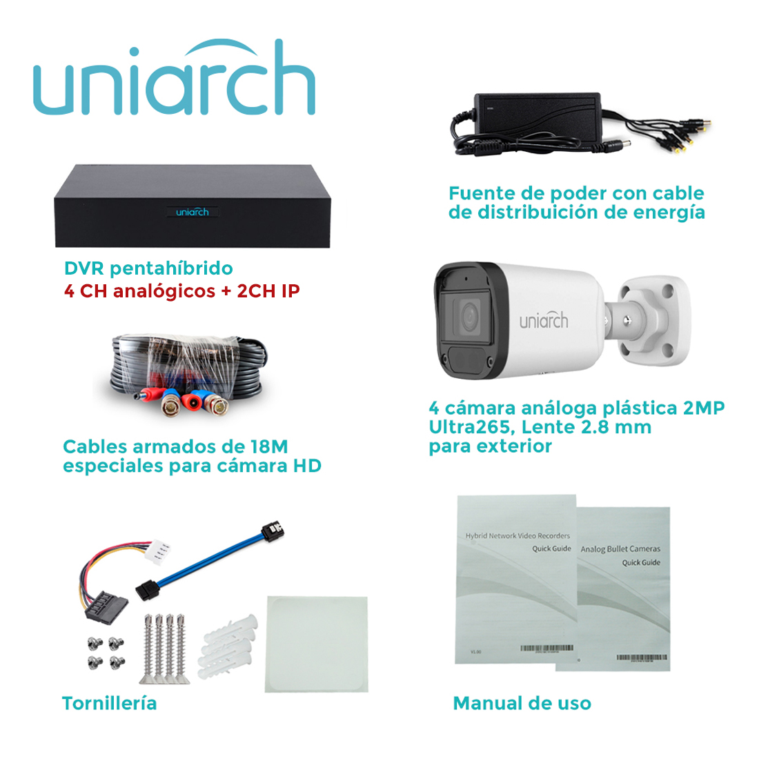 Foto 5 pulgar | Kit De Vigilancia Uniarch 4 Cámaras Bala Interior/exterior Grabador Dvr 4 Canales Hd + 2 Ip