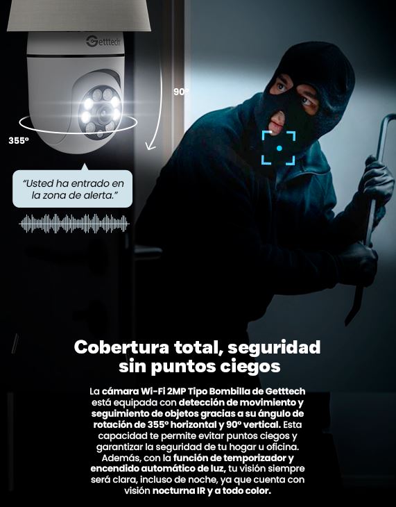 Foto 8 pulgar | Camara De Seguridad Getttech Gec-wbub2 Tipo Bombilla 360° 2mp 15 Fps Wifi Con Microfono Y Altavoz 128gb Vision Nocturna