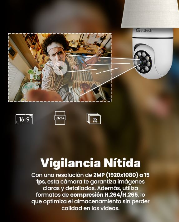 Foto 9 pulgar | Camara De Seguridad Getttech Gec-wbub2 Tipo Bombilla 360° 2mp 15 Fps Wifi Con Microfono Y Altavoz 128gb Vision Nocturna
