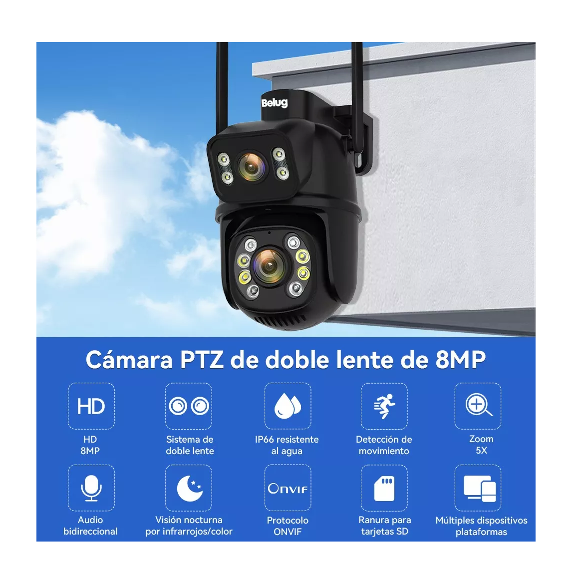 Foto 3 pulgar | Cámara De Seguridad Wifi Exteriores Belug Negra 8mp Con Tarjeta Sd 128 Gb