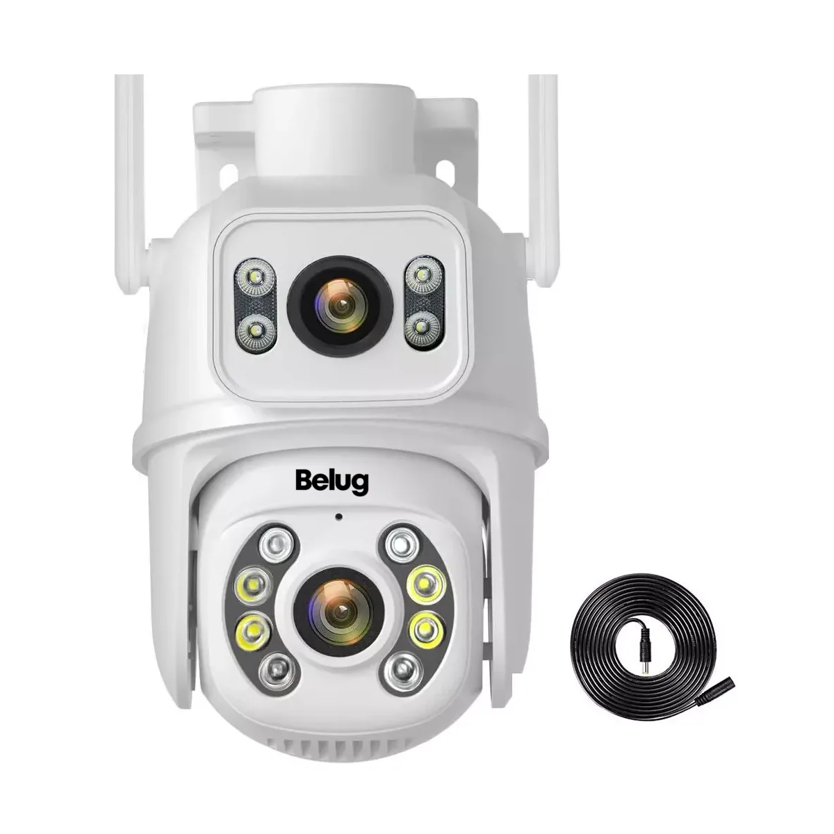Cámara De Seguridad Exterior De Doble Lente 8mp Con Alexa, Belug  Negro Con Blanco