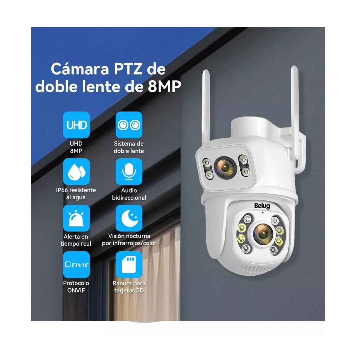Foto 3 pulgar | Cámara De Seguridad Exterior De Doble Lente 8mp Con Alexa, Belug  Negro Con Blanco