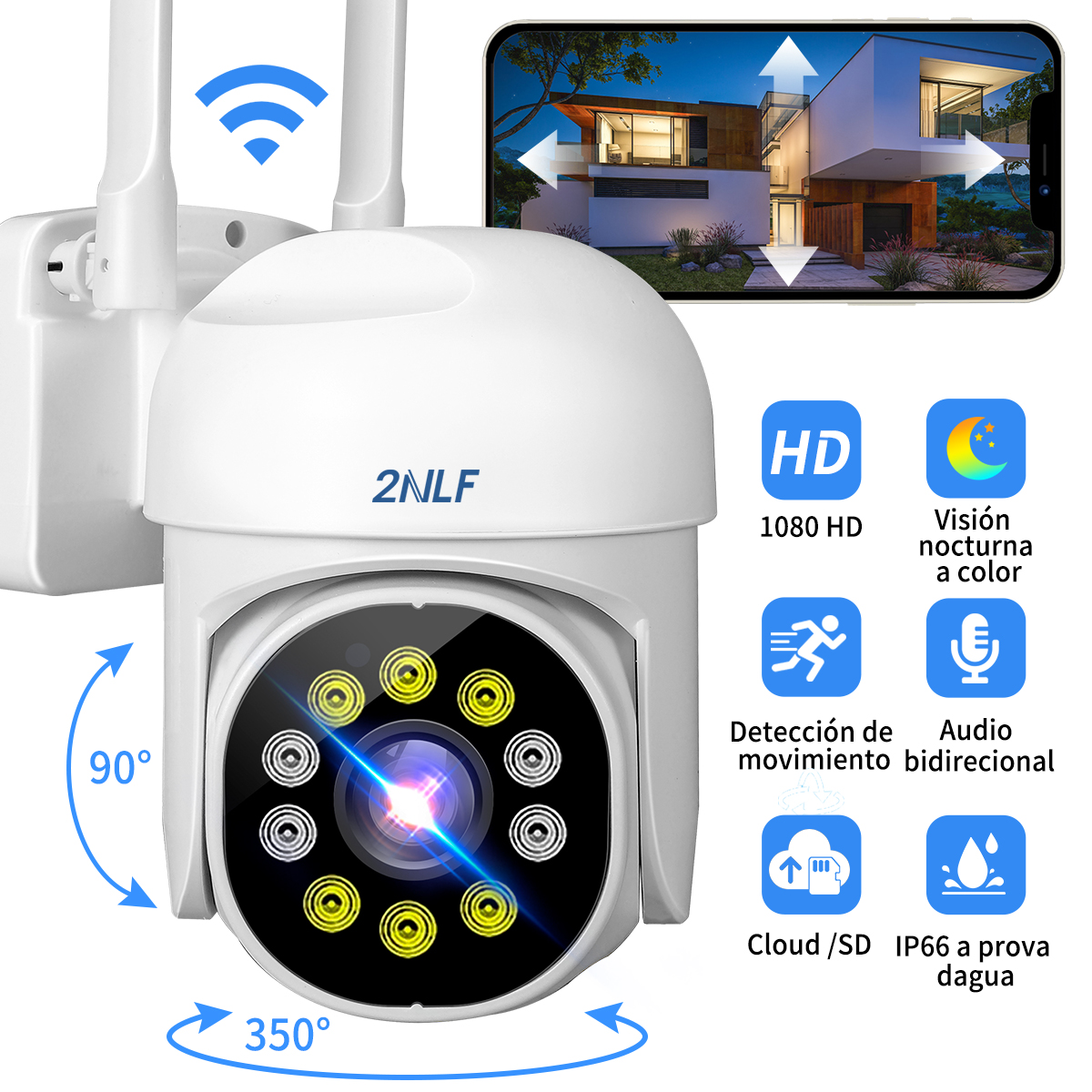 Foto 2 pulgar | Cámara De Seguridad 2nlf® Wifi Exterior Con Led Alarma