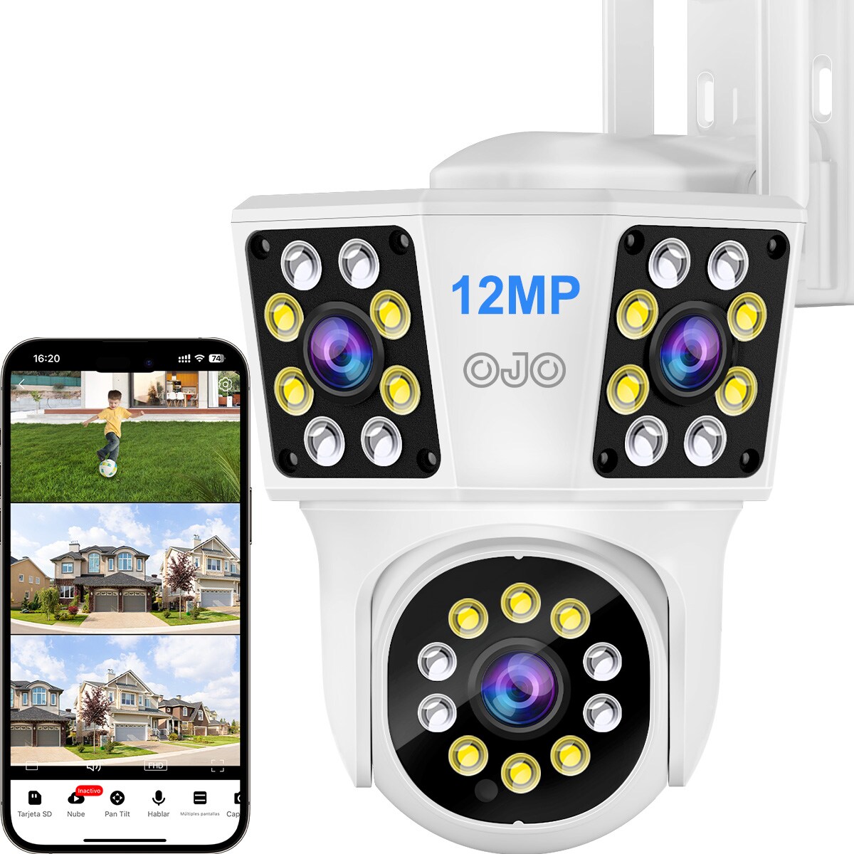 OJO® 12mp Cámara de Seguridad Exterior 3 Lentes 3 Pantalla Zoom Digital 10x Cámara Vigilancia Color Blanco $599