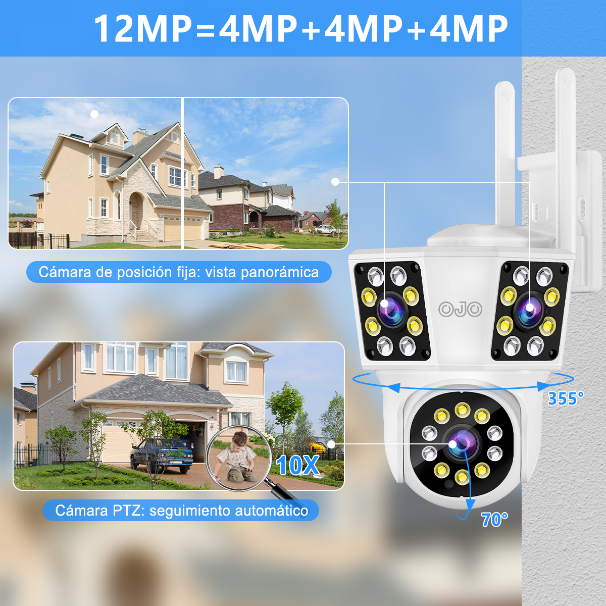 Foto 4 | OJO® 12mp Cámara de Seguridad Exterior 3 Lentes 3 Pantalla Zoom Digital 10x Cámara Vigilancia Color Blanco