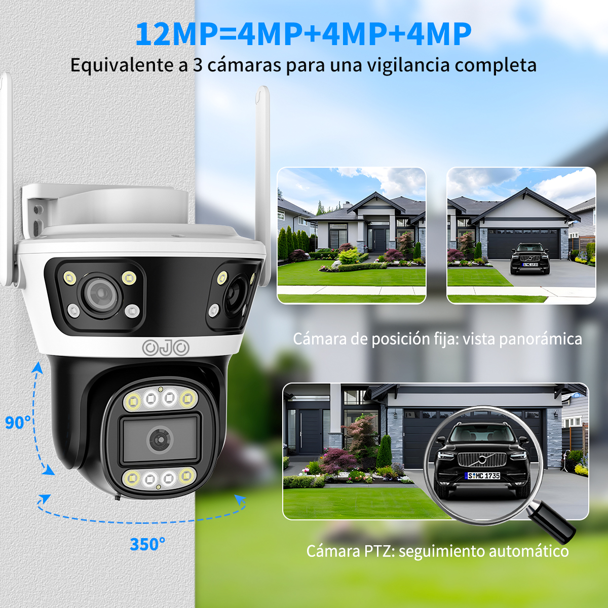 Foto 4 | Ojo® 12mp Cámara Vigilancia Tres Lentes Tres Pantalla