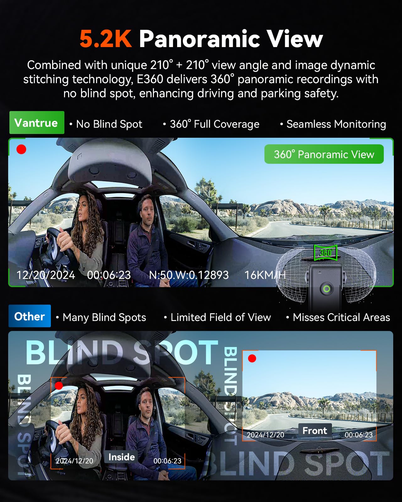 Foto 2 | Dash Cam Vantrue E360 5.2k, Vista Panorámica De 360°, Wifi Y Gps De 512 Gb - Venta Internacional.