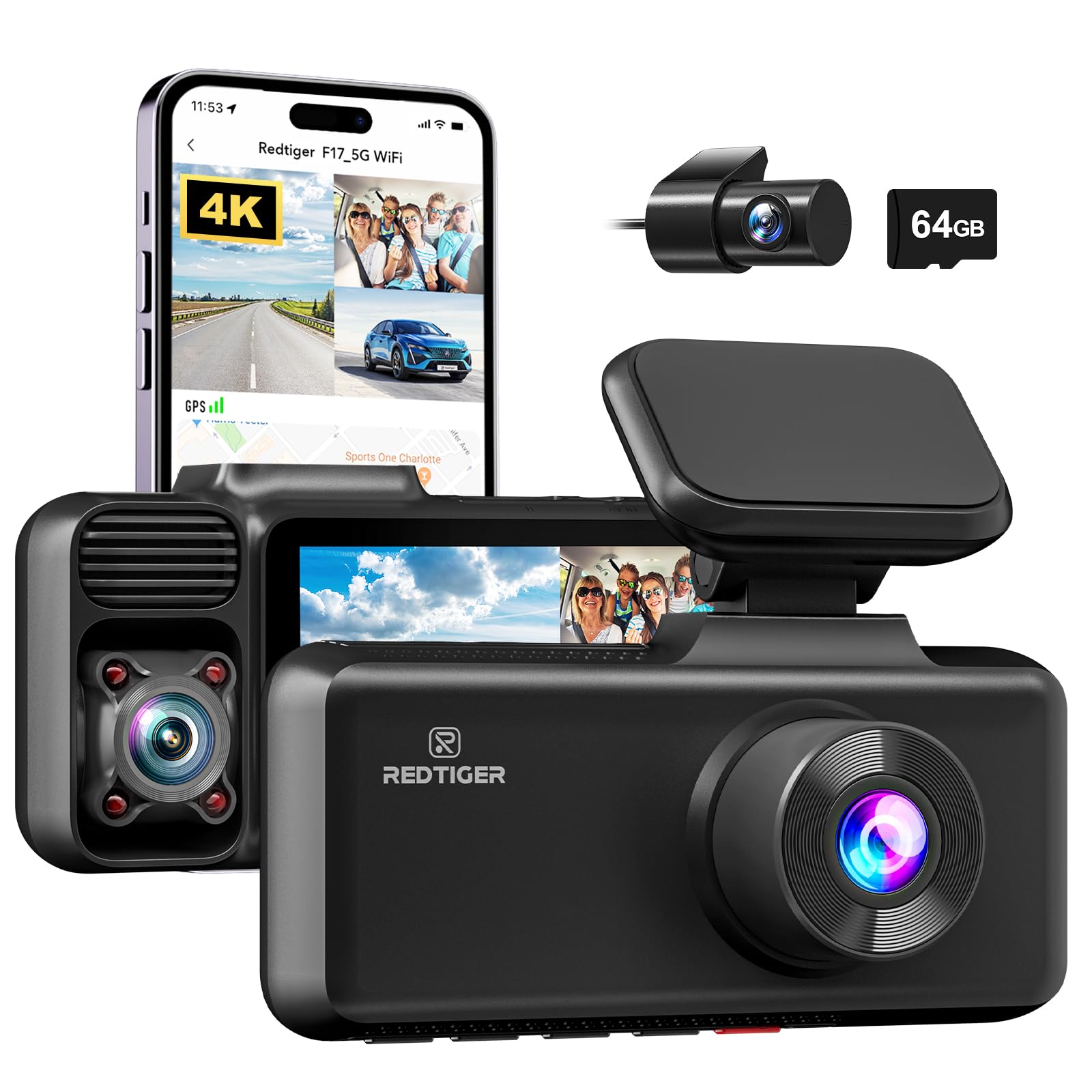 Dash Cam Redtiger F17 4k De 3 Canales 5g Wifi Gps Con Tarjeta De 64 Gb - Venta Internacional.