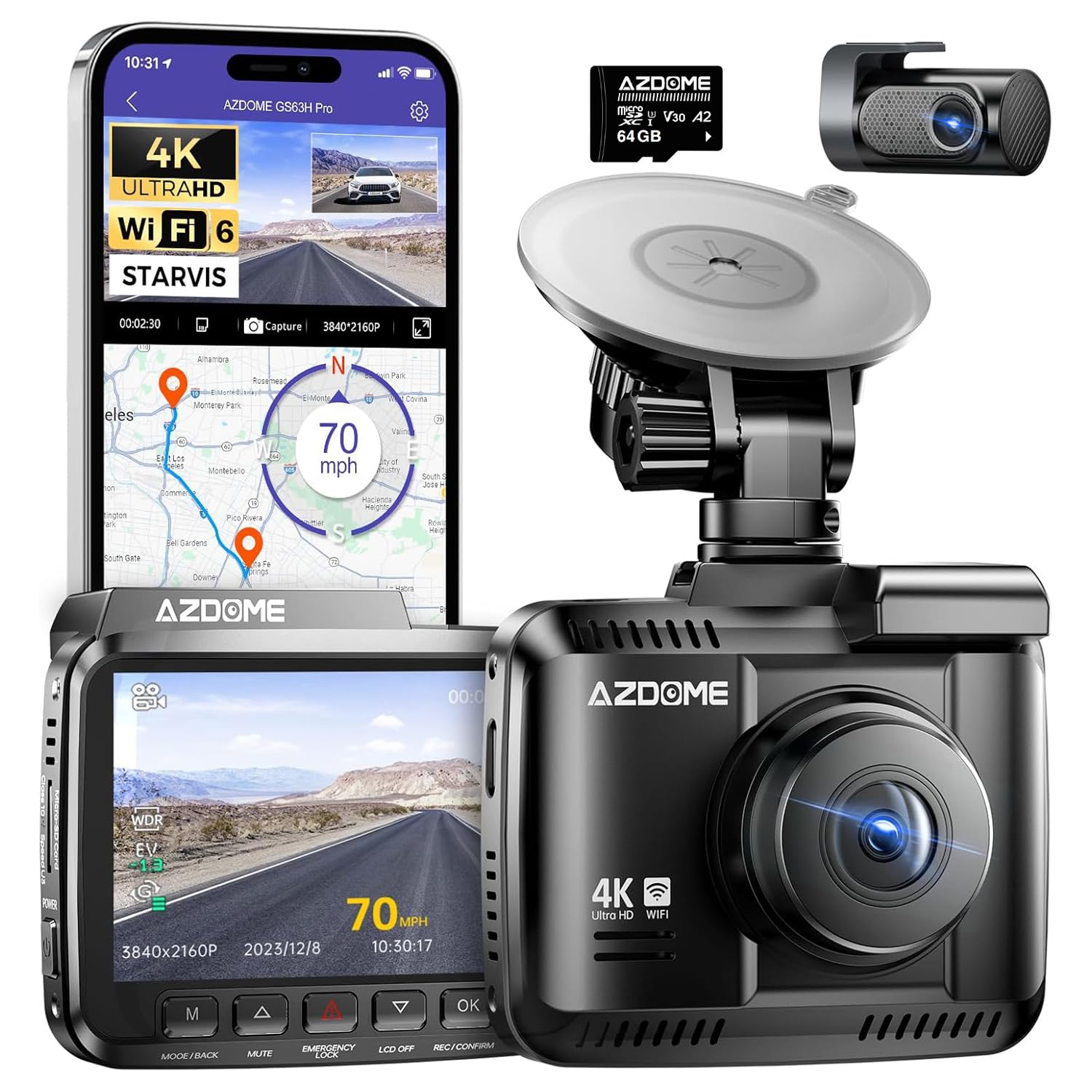 Dash Cam Azdome Gs63h Pro 4k Delantera Y Trasera Con Gps De 64 Gb - Venta Internacional.