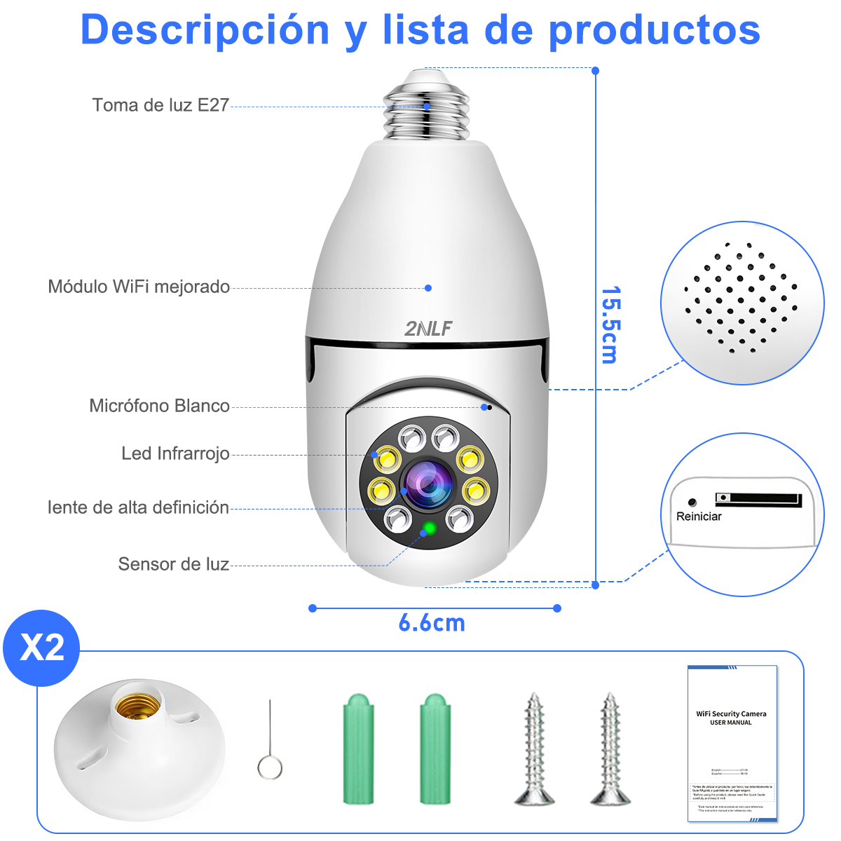 Foto 9 pulgar | 2nlf Cámara De Seguridad De 360° Visión Nocturna Alarma