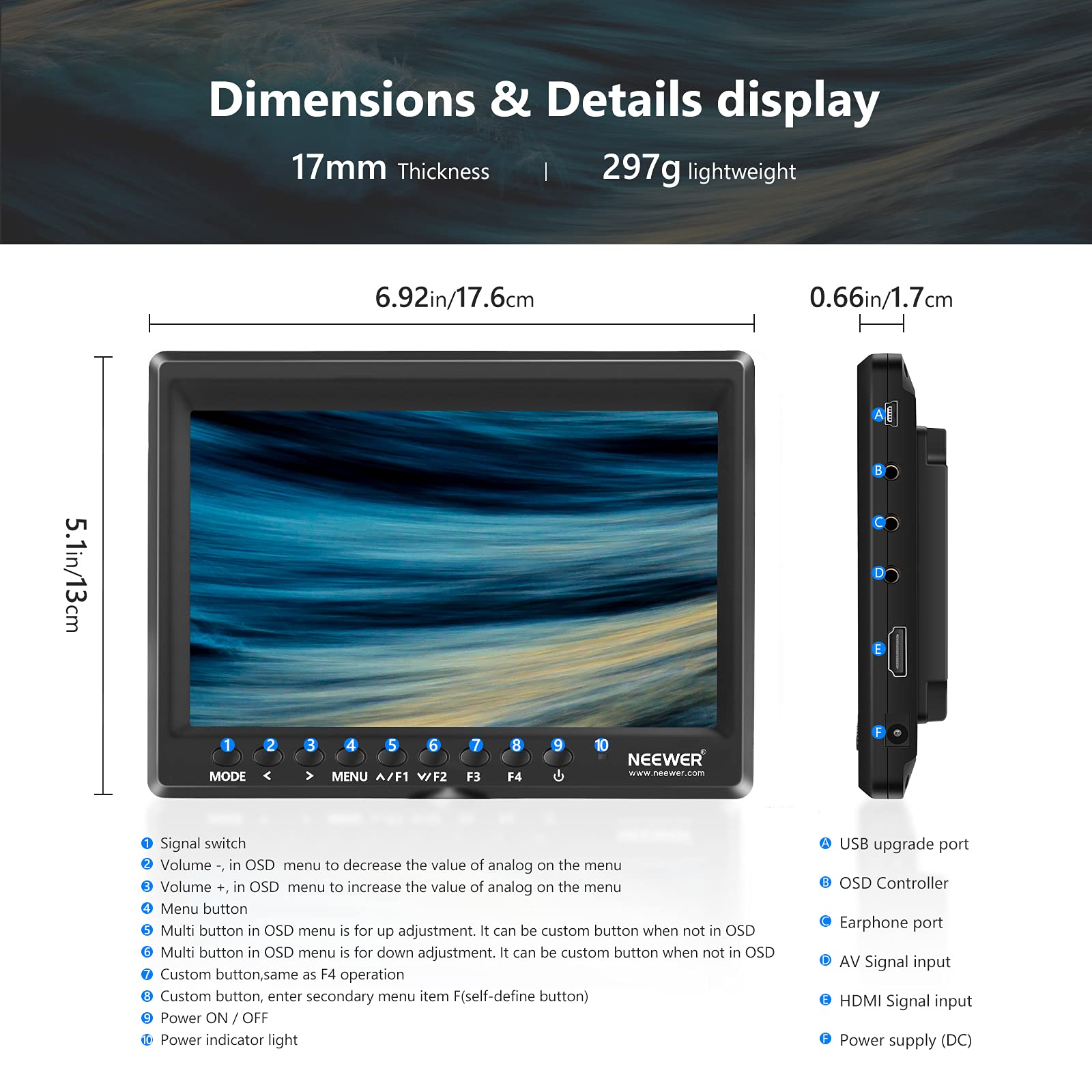 Foto 3 pulgar | Monitor De Campo Con Cámara Neewer F100 De 7 Pulgadas Hd 1280x800 Hdmi - Venta Internacional.