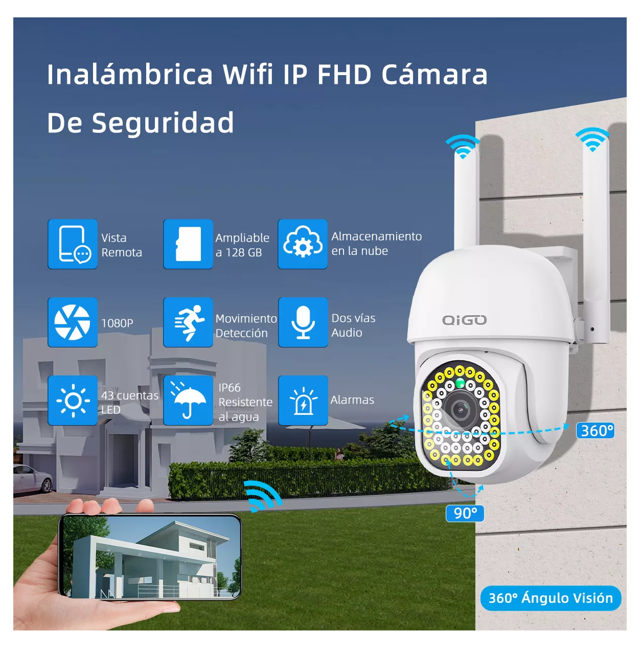 Foto 3 pulgar | Cámara De Seguridad Vigilancia Exterior Wifi Inalambricas Qigo Q43