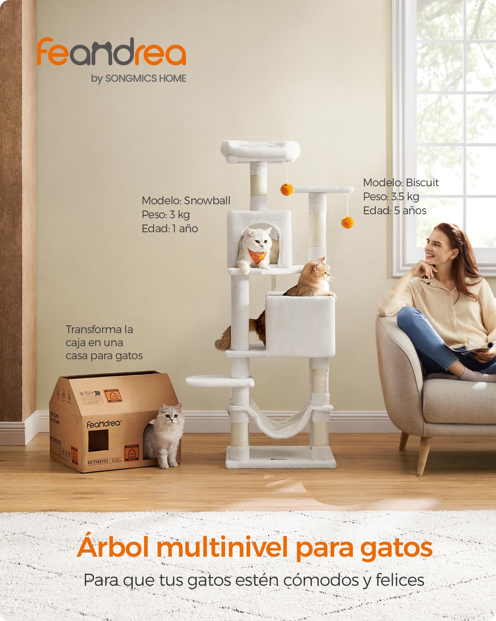 Foto 3 pulgar | Árbol Para Gatos Feandrea, 155 Cm De Alto, Con 5 Rascadores, Color Crema