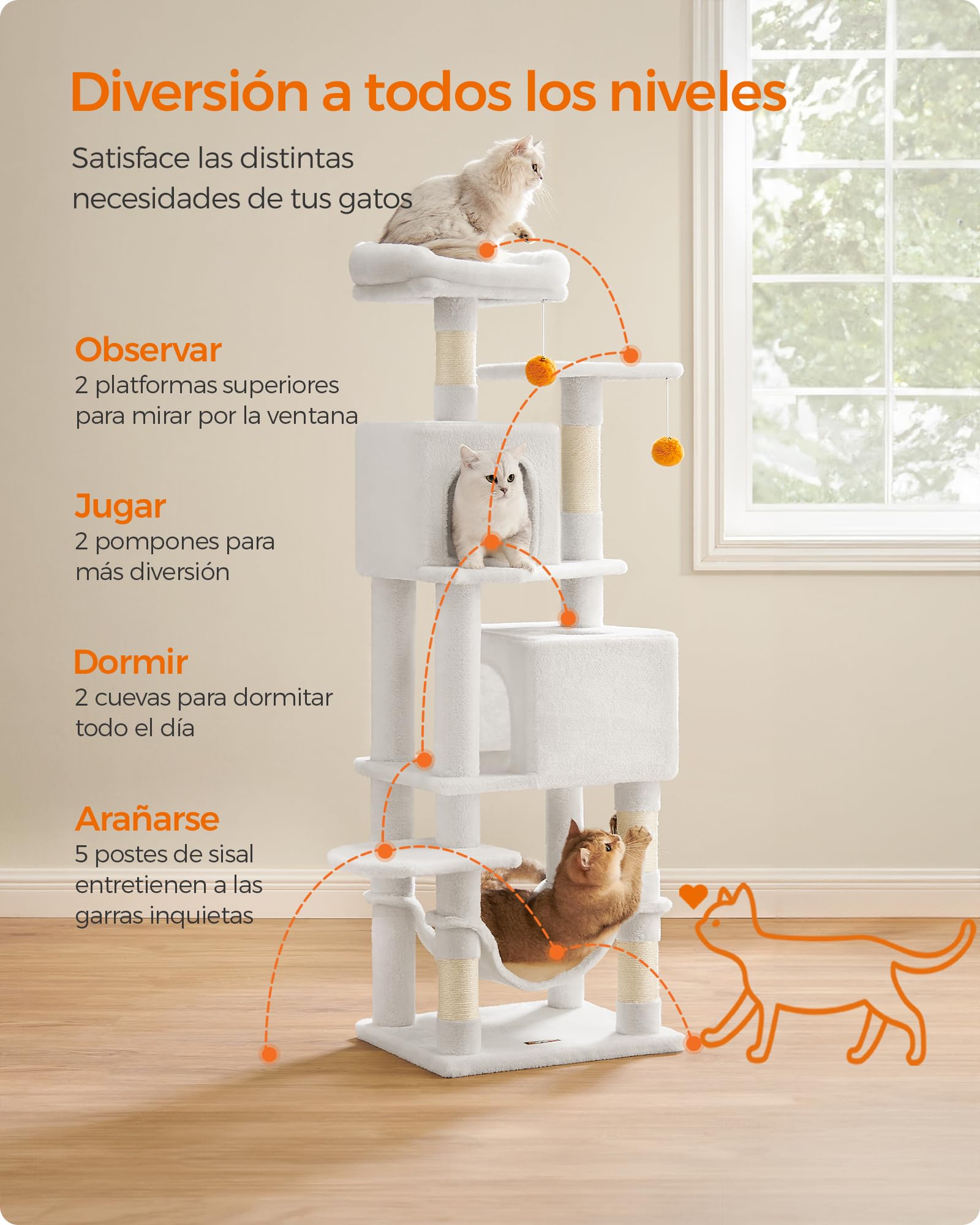 Foto 5 pulgar | Árbol Para Gatos Feandrea, 155 Cm De Alto, Con 5 Rascadores, Color Crema